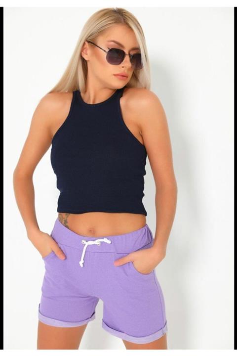 NOKTA GİYİM Kadın Mor Cepli Paçası Katlamalı Kısa Şort