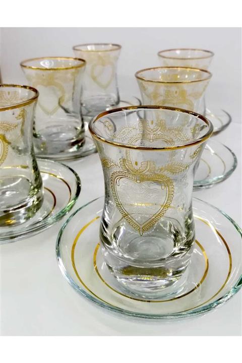 BDR Glass Gra Kalp Desen Çay Seti 1304