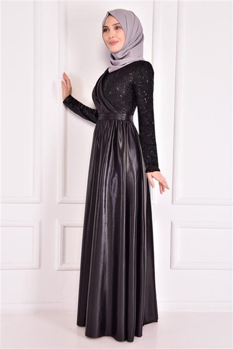 ModaMerve Pul Detay Abiye Siyah Asm12391