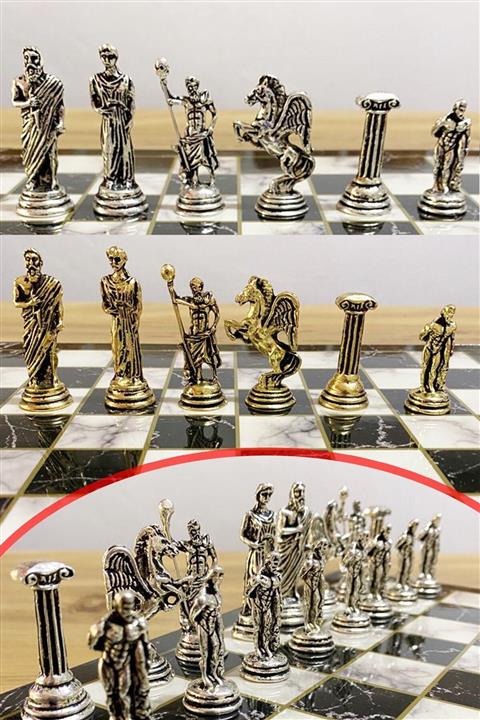 Oyuncak Filesi Metal Satranç Seti Antik Yunan Mitoloji Figürleri 25x25 cm Kaplama Mermer Ahşap Sehpalı