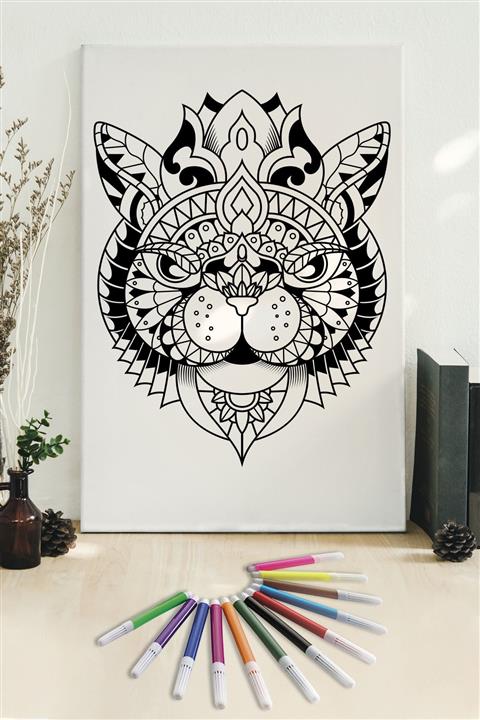 Hediyeler Kapında 50x70 Kedi Boyanabilir Kanvas Mandala Tuval + 12'li Keçeli Kalem