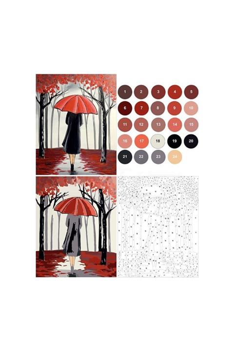 Ümraniye Hobi Sanat Sayılarla Boyama Seti - Numaralı Tuval Boyama 40x50cm - Kırmızı Şemsiyeli Kız