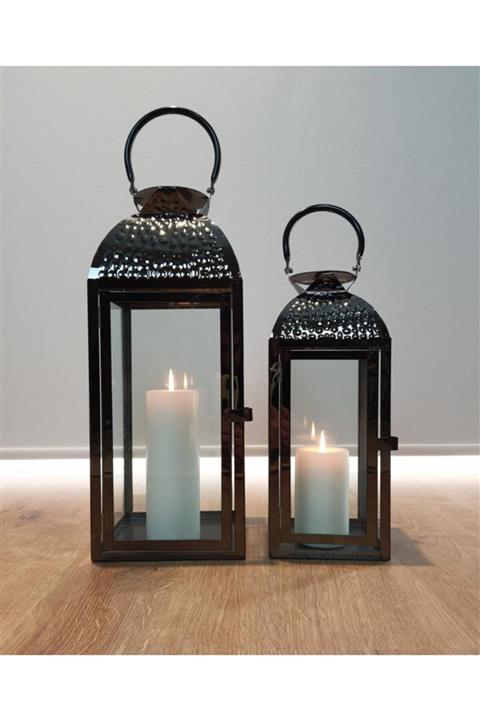 EVİMTATLIEVİM Black Diamond Paslanmaz Çelik Ikili Mumluk Fener Seti