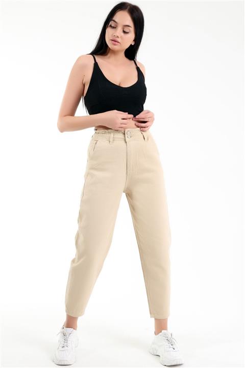 RenklyModa Yumuşak Dokunuşlu Rahat Kesim Yüksek Bel Bel Lastikli Mom Keten Kot Pantolon