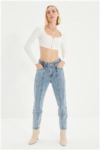 TRENDYOLMİLLA Mavi Beli Lastikli Dikiş Detaylı Yüksek Bel Mom Jeans TWOAW22JE0419