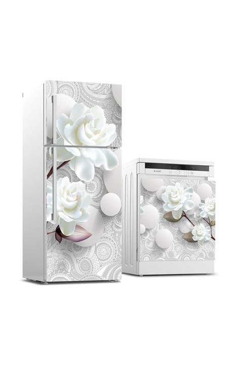 StickerArt Buzdolabı Ve Bulaşık Makinası Beyaz Eşya Sticker Kaplama 3d Beyaz Gül