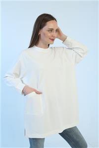 HY Design Kadın Beyaz Cepli Oversize Sweatshirt