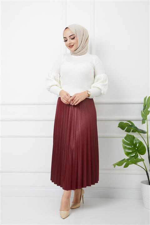 ALLMİRA FASHION Deri Görünümlü Piliseli Etek Bordo