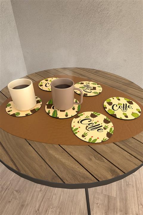 pi10reklam Kaktüs Desenli Ahşap 6'lı Bardak & Kupa Altlığı