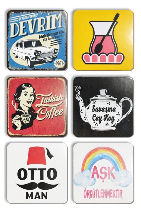 Mia Pera 6'lı Takım Kare Devrim Çay Turkish Coffe Otto Man Bardak Altlıkları(10 X10 Cm)