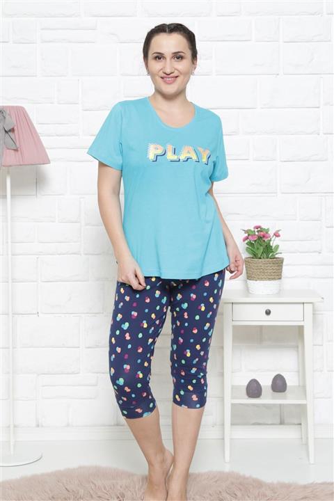 VİENETTA Kadın Kısa Kol Büyük Beden Lycralı Suprem Kaprili Pijama Takım