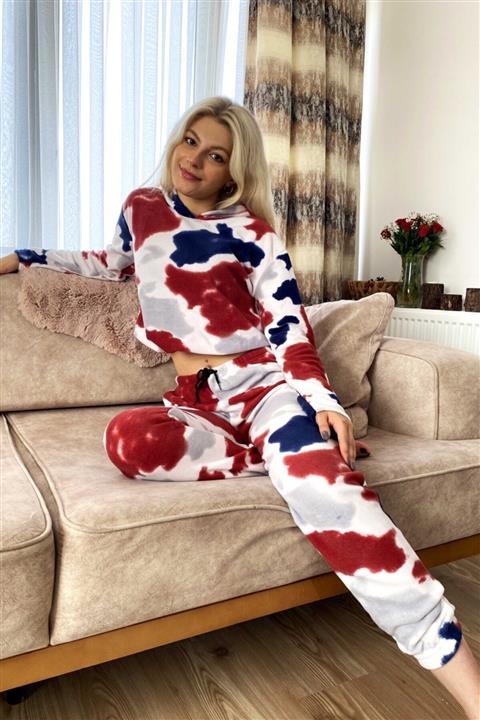 nisaNCa Puantiyeli İnci Polar Kadın Kapüşonlu Peluş Pijama Takımı