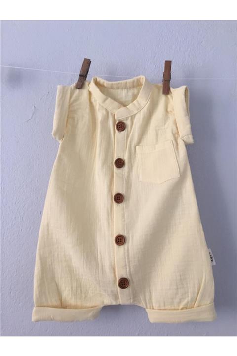 runbaby Bbx Ekru Düğmeli Keten Bebek Bürümcük Tulum