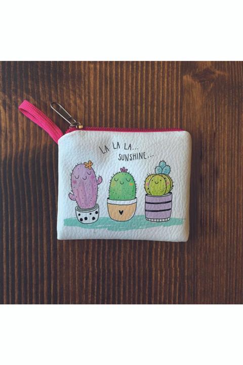 Filemo tasarım Kadın Beyaz Kaktüslü Mini Bozuk Para Cüzdanı