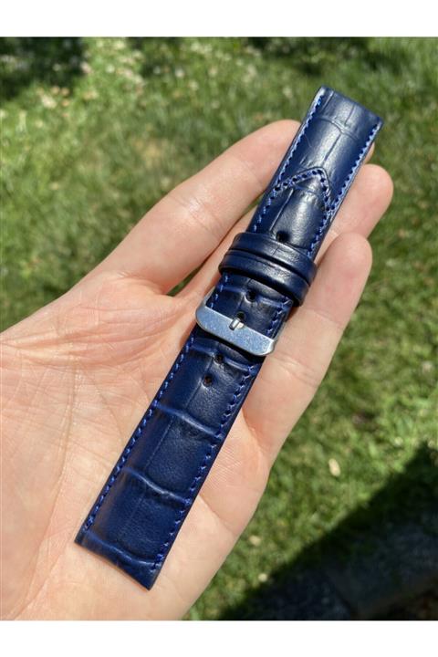 Yaydan Deri Aksesuar 22 mm Lacivert Croco Bombeli Huawei Watch Gt2/ Fossil / Samsung Galaxy Watch