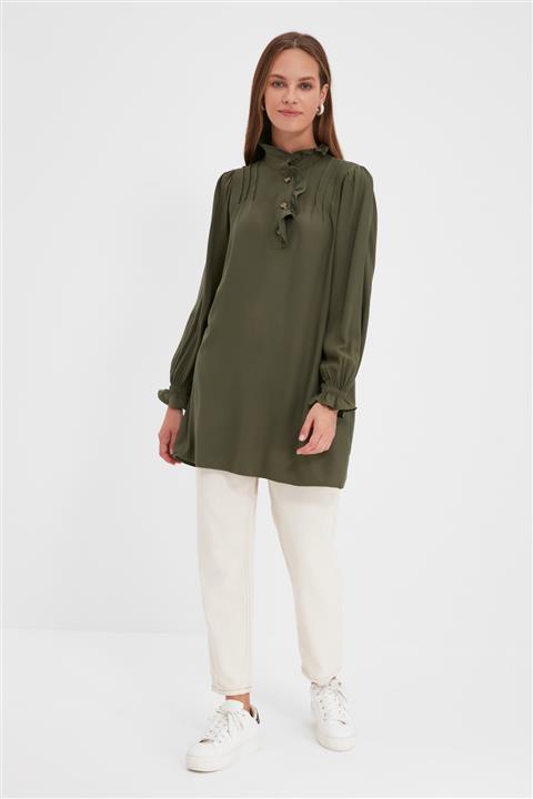 Trendyol Modest Haki Dik Yaka Fırfır Detaylı Tunik TCTAW22UK0222