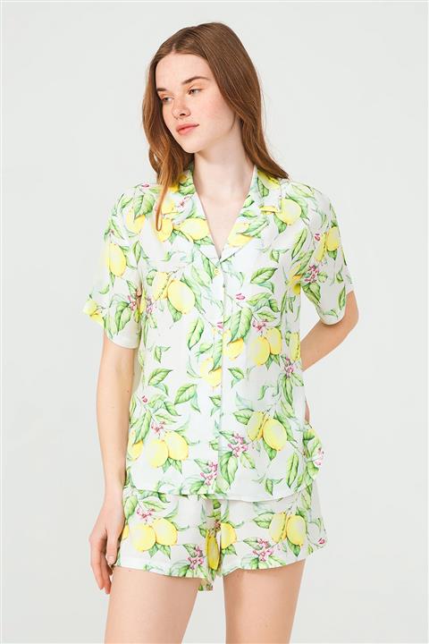 ENNA MODA Lımon Tropıkal Tasarım Desen Önden Düğmeli Üst Ve Şort Alt Pijama Takımı  Şort Takımı