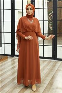 Feiza Collection Kolyeli Tesettür Abiye Elbise - Kiremit