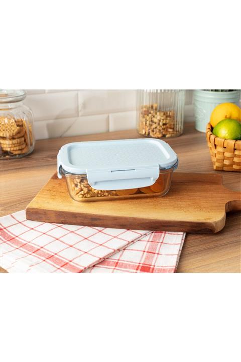 Madame Coco Modena Dikdörtgen Kapaklı Borosilikat Cam Saklama Kabı - 650ml - Soft Mavi
