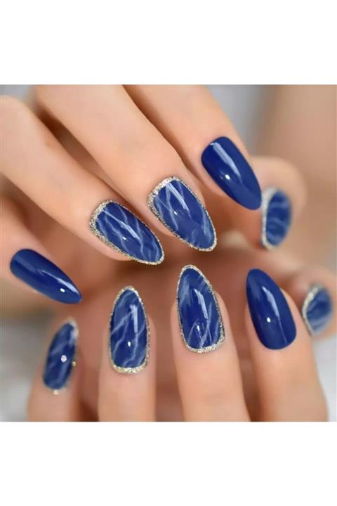 EDA LUXURY BEAUTY Mavi Simli Gümüş Takma Tırnak Lüks Mermer Desenli Uzun Oval Stiletto Yapıştırıcılı Nail Art Set