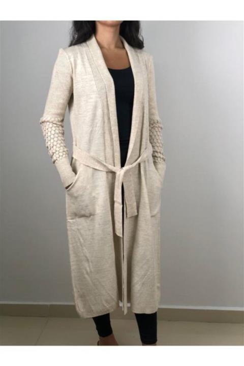 MODA AYZA Kadın Krem Kol Detaylı Uzun Ince Triko Hırka