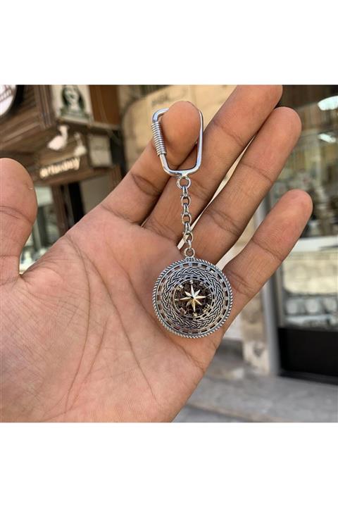 Telkari Dünyası Pusula Telkari İşlemeli Örgü Gümüş Anahtarlık