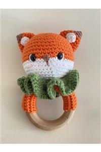 Şeftali Amigurumi Çıngırak Organik Oyuncak Ahşap Diş Kaşıyıcısı - Tilki Yeşil Fırfırlı