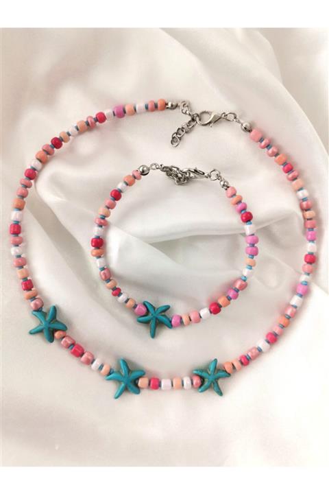 giftboxpandora Mavi Yıldız Detaylı Pembe Chooker Kolye Bileklik