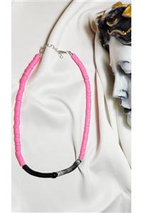 Mia Pera Neon Pembe Fimo Boncuklu Doğal Hematit Taşlı Choker Kolye