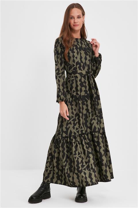Trendyol Modest Haki  Bisiklet Yaka Kuşaklı Elbise TCTAW22EB0215