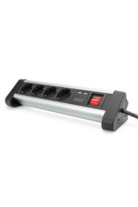 Assmann 4-way Office Power Strip With 2x Usb On/off Switch, Aluminum Housing, Usb Out: 5v/2a, Black/silver