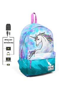 Yaygan Çanta Coral High Mavi Yeşil Unicorn Desenli Sırt Çantası - Okul Ve Günlük - Usb+aux Soketli