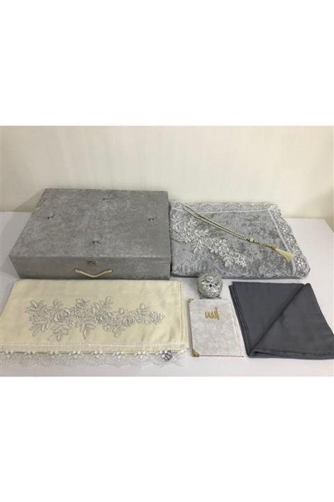 Lamazihome 7 Parça Sandıklı Gri Çeyizlik Kadife Seccade Takımı Bohça Seti