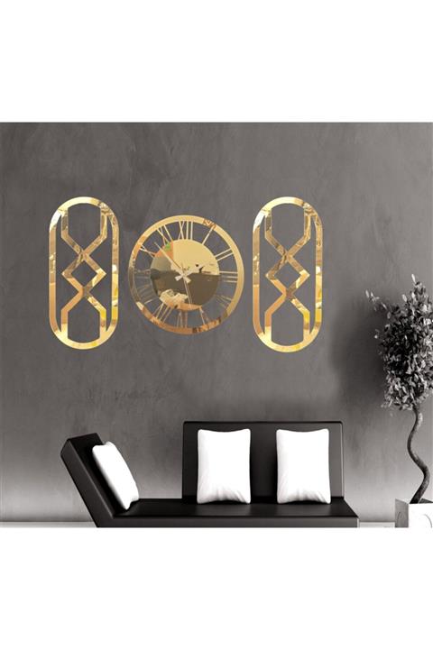 GİZEM SHOP Özel Tasarım Üçlü Set Duvar Saati Ayna Pleksi Gold Elips En Çok Satanlar