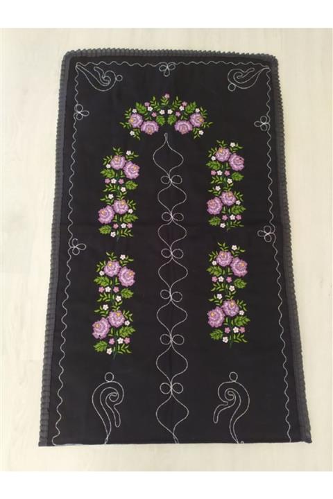Çeyiz Bahçesi Kanaviçe Nakışlı Siyam Seccade Siyah Güllü