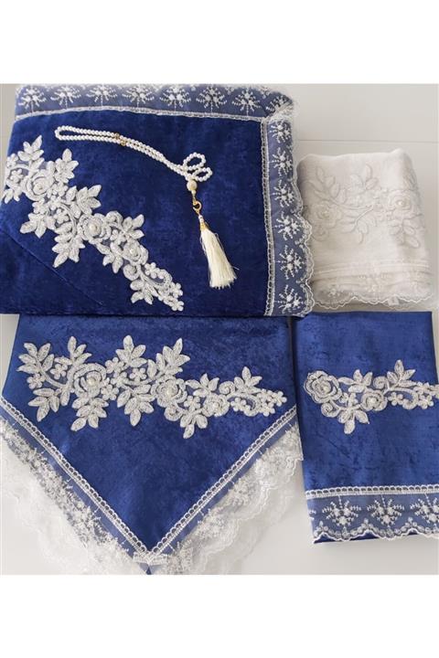 Lamazihome Lacivert Kadife Seccade Takımı 5 Parça Çeyizlik Bohça Gelin Seti
