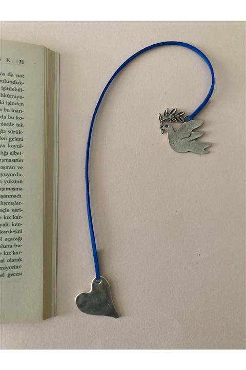 Pamuk & At Tasarım / El Yapımı Kuşlu Ve Kalpli Mavi Süet Ipli Kitap Ayracı