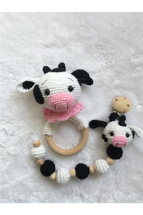 USTAHOBİEVİ Amigurumi Buzağı Çıngırak Emzik Zinciri Set