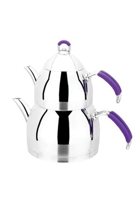 Akdeniz Orta Boy Zümrüt Silikon Mor Kulplu Çaydanlık Seti