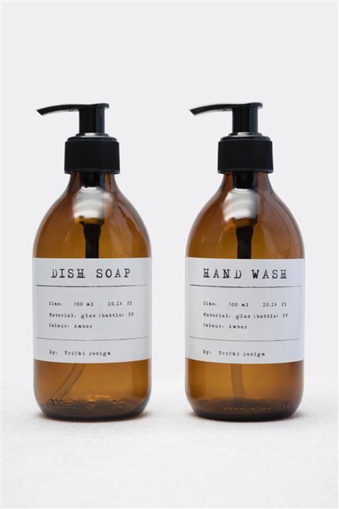 TriChi Design 300ml Amber Kahverengi Cam Sıvı Sabunluk Pp Beyaz Etiket Hand Wash, Dish Soap ( 2 Adet )