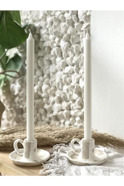 Allegorie.Co Abstract 2'li Krem Beyaz El Yapımı Kulplu Şamdan