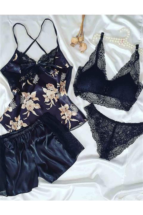 Çeyize dair herşey Siyah Çiçek Desen Ipek Saten 4 Lü Çeyizlik Set