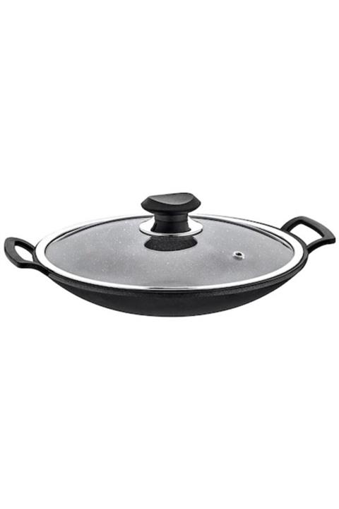 OMSEYAPI 34 cm Granit Döküm Sac Tava Cam Kapaklı