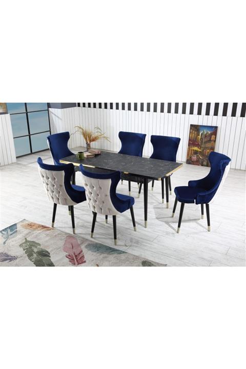 Ervo Nirvana Lacivert-krem Salon Mutfak Yemek Masa Takımı 6 Sandalyeli