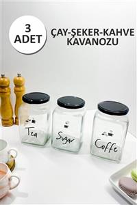 Sezka Life 3 Adet Metal Kapaklı Çay Kahve Şeker Kavanozu Ve 3 Adet Suya Dayanıklı Şeffaf Etiket-1000ml