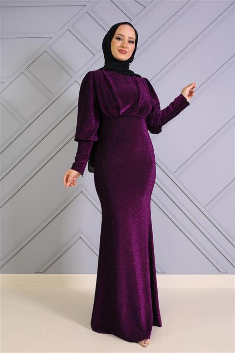 Şule Giyim Göğüsü Pileli Balık Abiye Mor