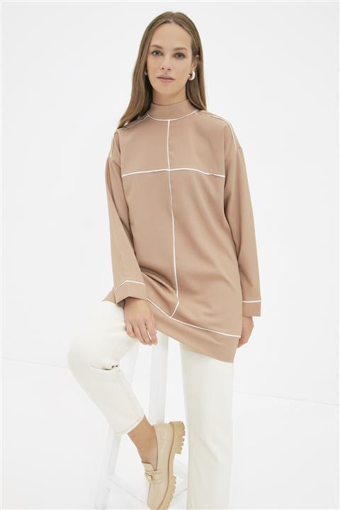Trendyol Modest Camel Dik Yaka Biye Detaylı Tunik TCTAW22UK0184