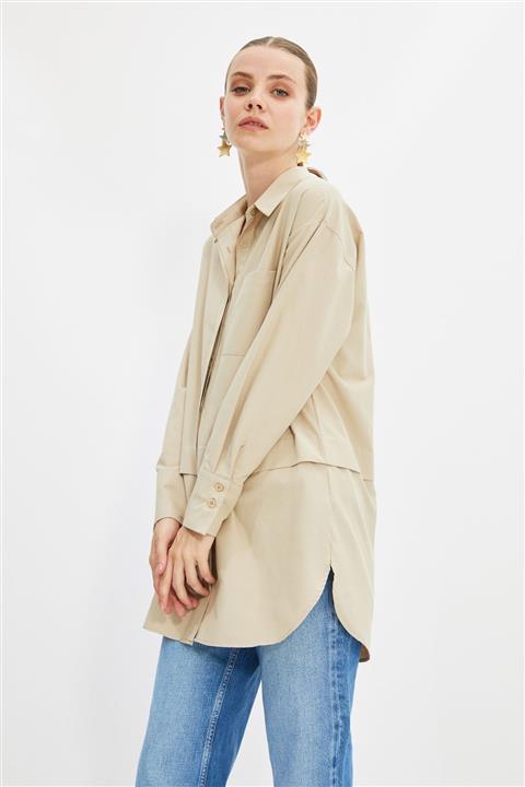 Trendyol Modest Bej Gömlek Yaka Tunik TCTAW22UK0027