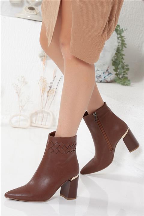 D&D Ayakkabı Kadın Taba Kalın Topuklu Sivri Burunlu İçi Bot