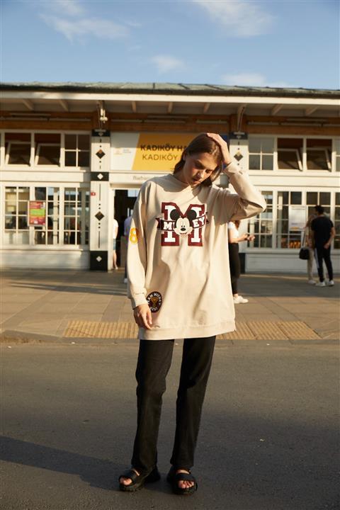 Basicpark Mickey Lisanslı Ve Baskılı Oversize Taş Sweatshirt